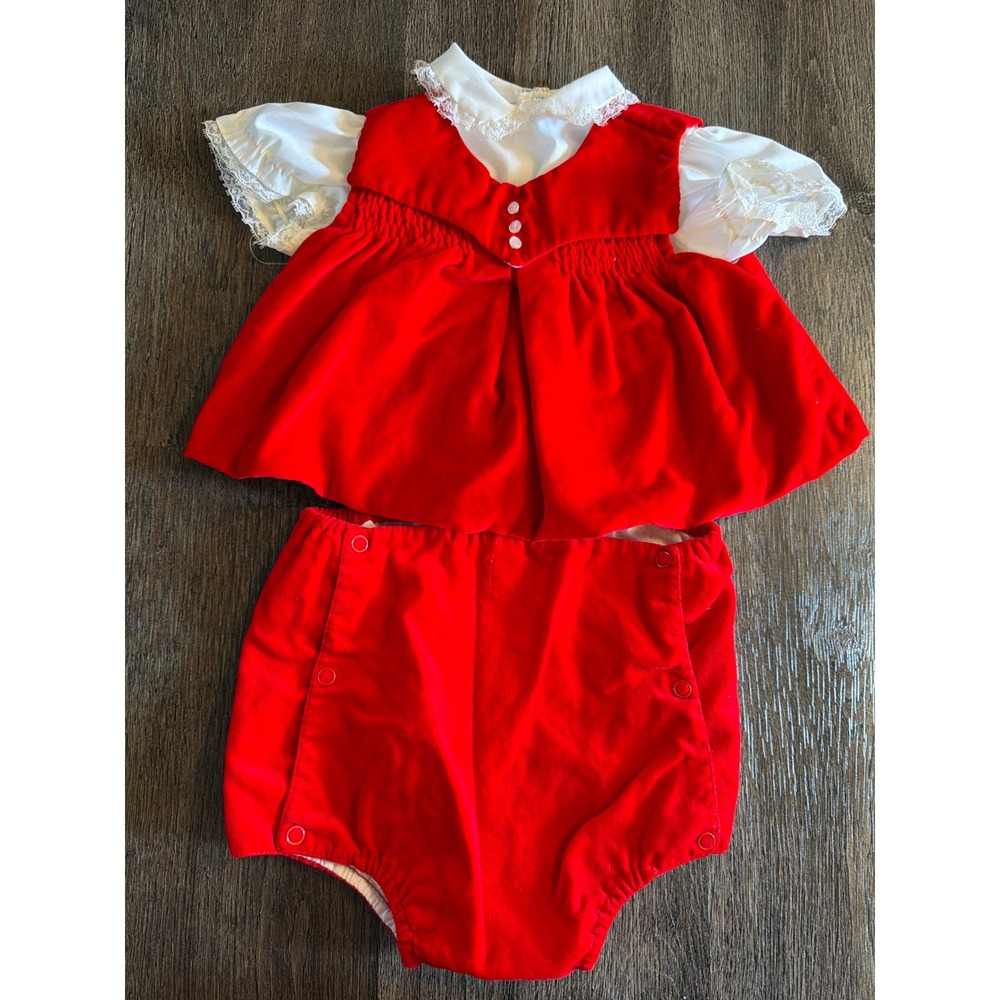 Vintage Cherubs Red Velvet Holiday Set Lace Trim Blouse Bloomers Christmas XL